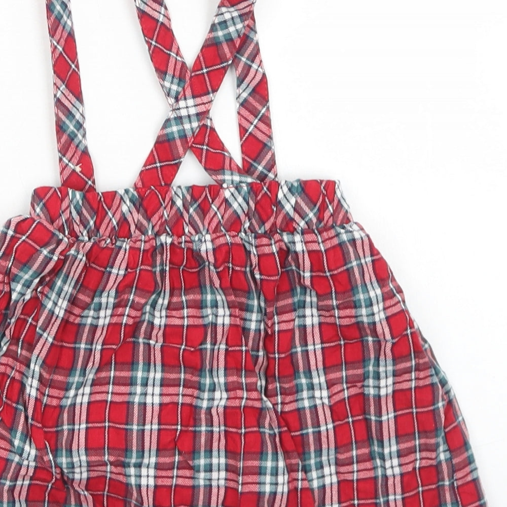 George Girls Red Plaid Cotton Pinafore/Dungaree Dress Size 12-18 Months Square Neck Button