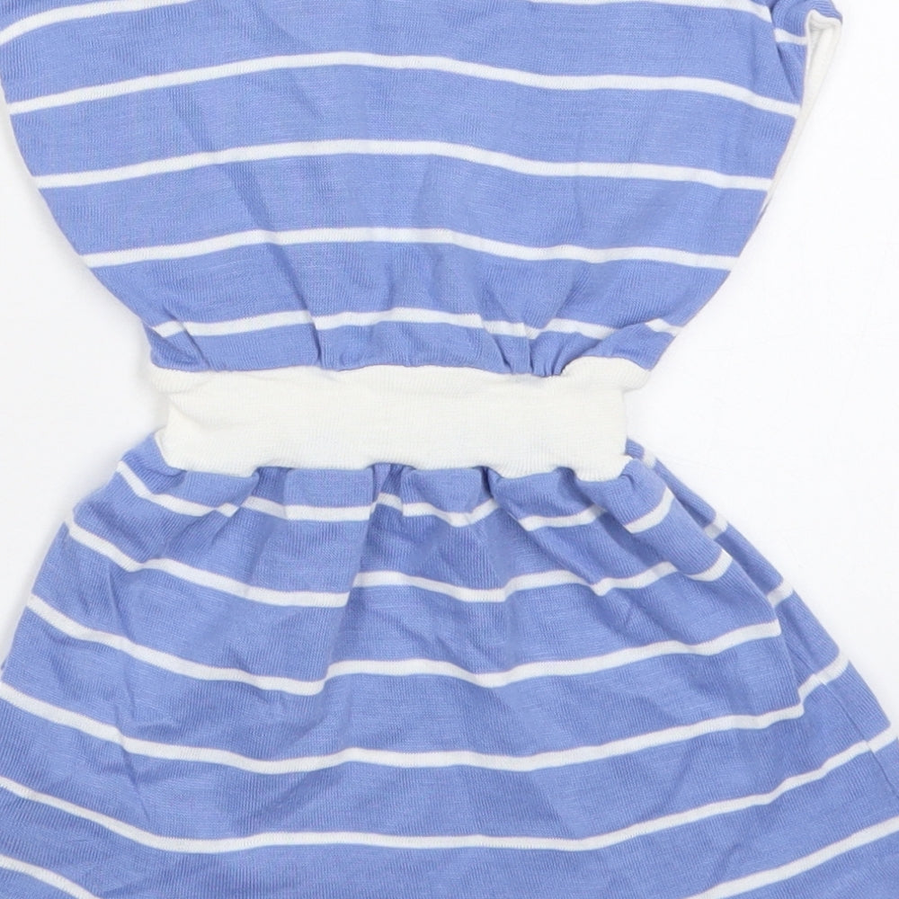 Preworn Girls Blue Striped Cotton Skater Dress Size 2 Years Crew Neck Pullover