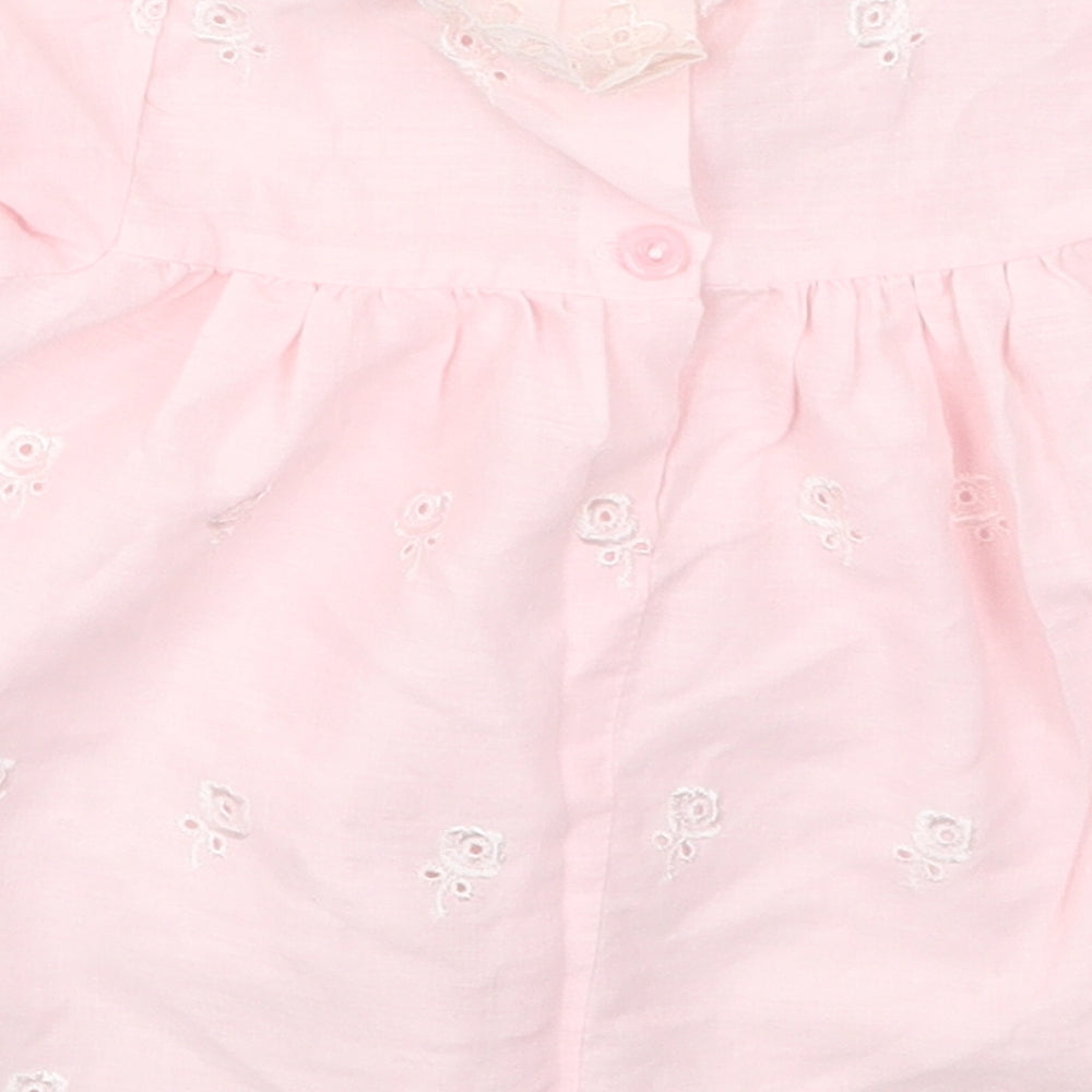 Preworn Girls Pink Floral Cotton A-Line Size 6-9 Months Collared Button