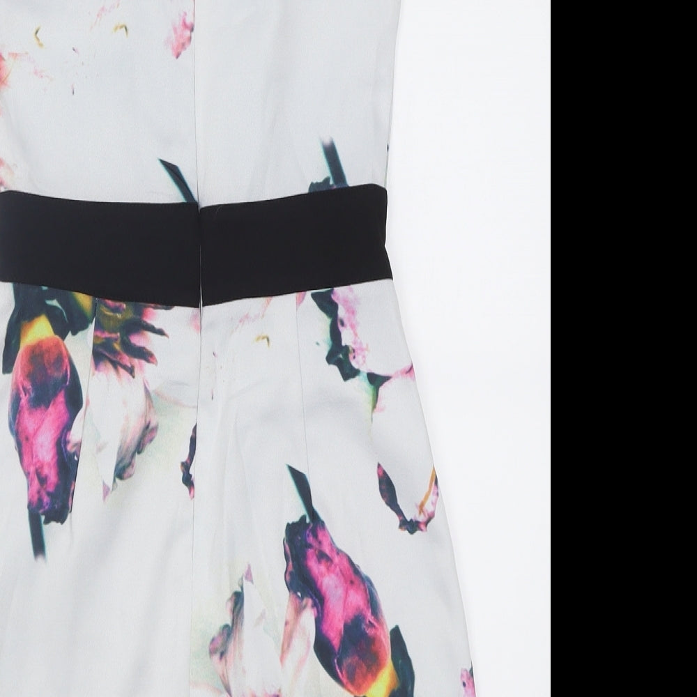 Missguided Womens White Floral Polyacrylate Fibre A-Line Size 6 Crew Neck Zip