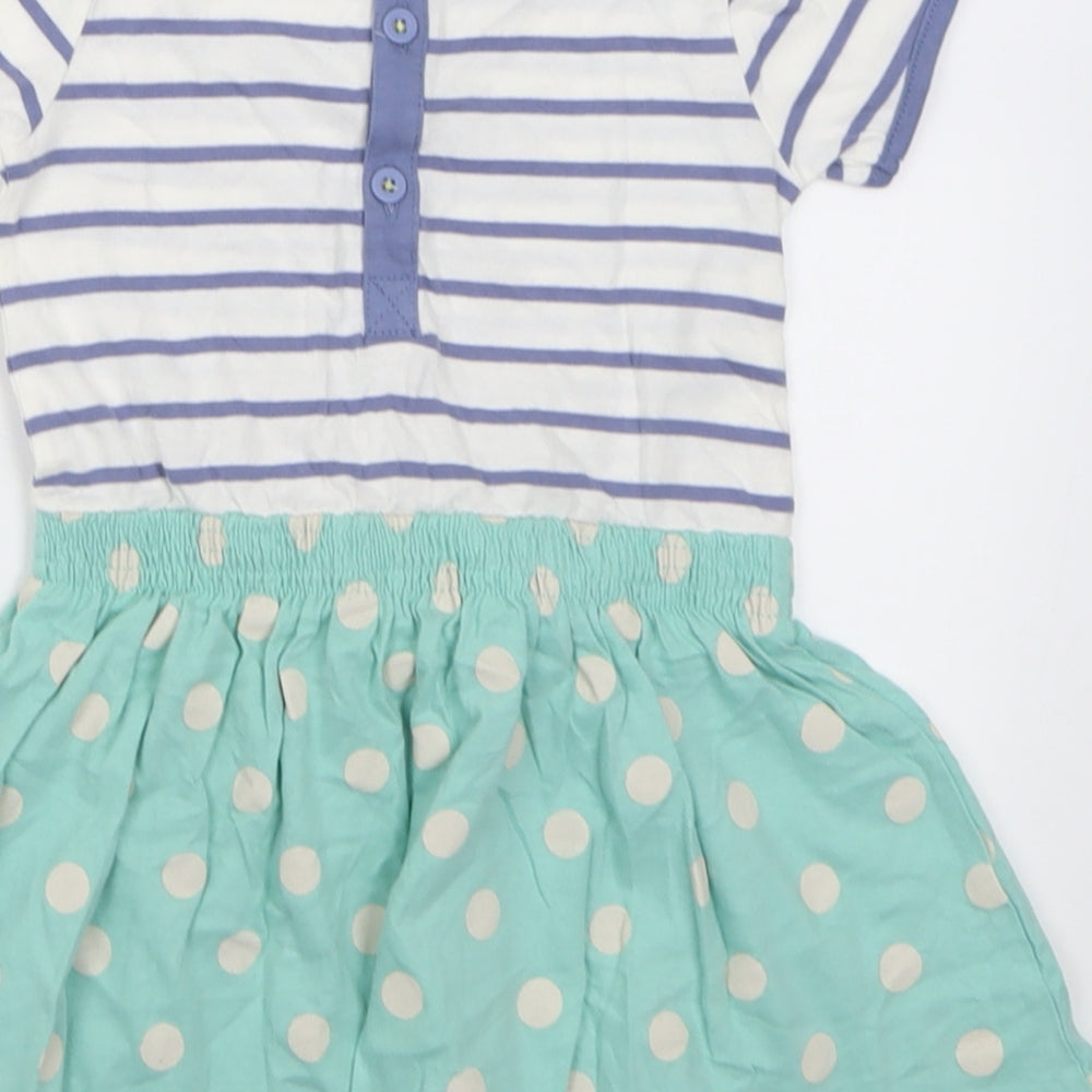 mamas & papas Girls Blue Striped Cotton A-Line Size 18 Months Crew Neck Button