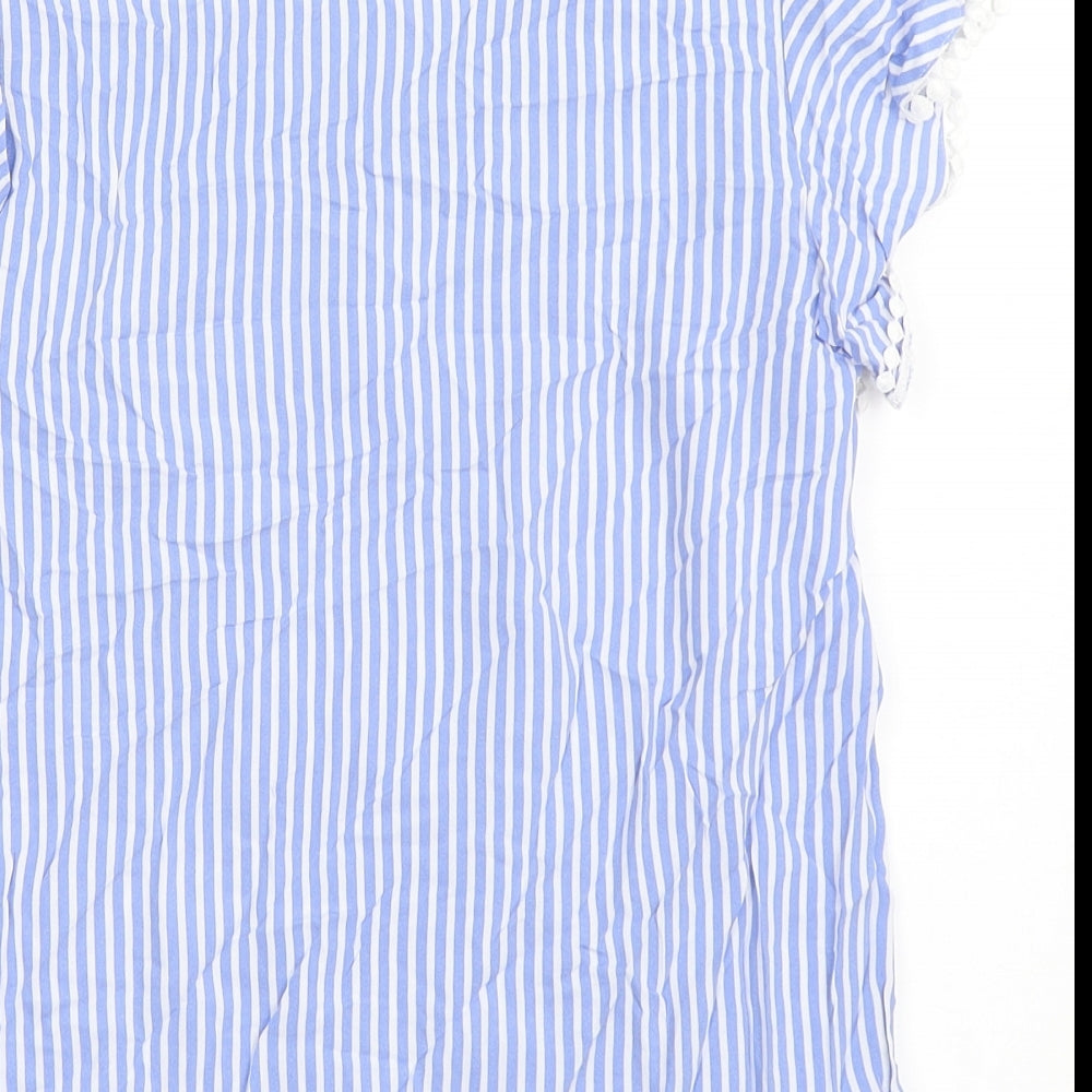 Dunnes Stores Womens Blue Striped Viscose Basic Blouse Size 10 Round Neck
