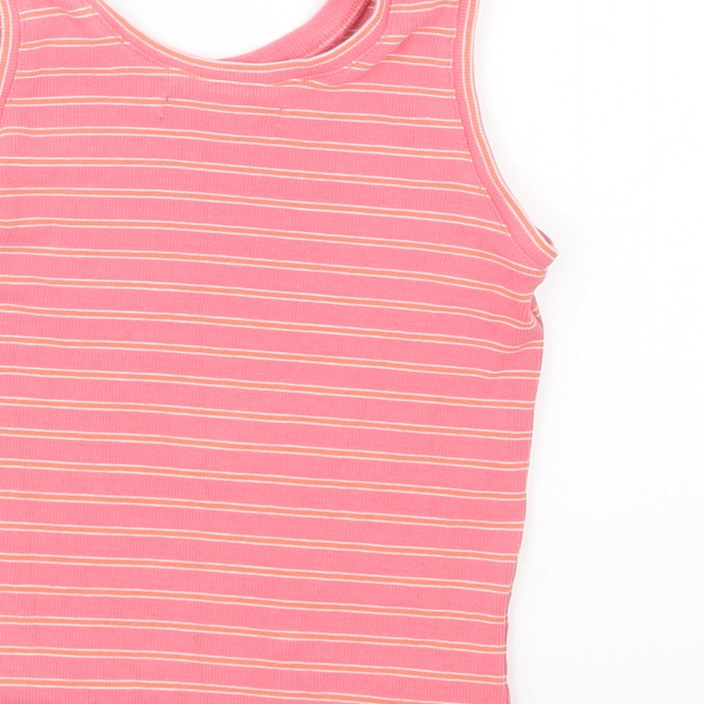 Marks & Spencer Girls Pink Striped Cotton Basic Tank Size 5-6 Years Scoop Neck Pullover - Flamingo