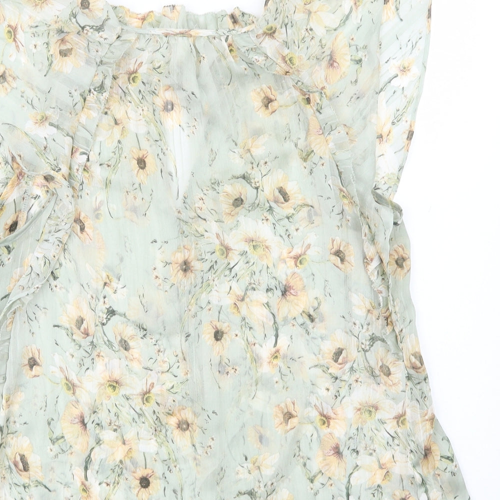 H&M Womens Green Floral Polyester Basic Blouse Size 8 Mock Neck