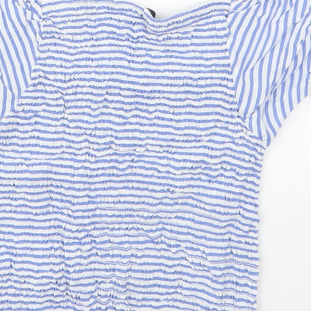 Evie Girls Blue Striped Viscose Basic Blouse Size 9-10 Years Square Neck Pullover