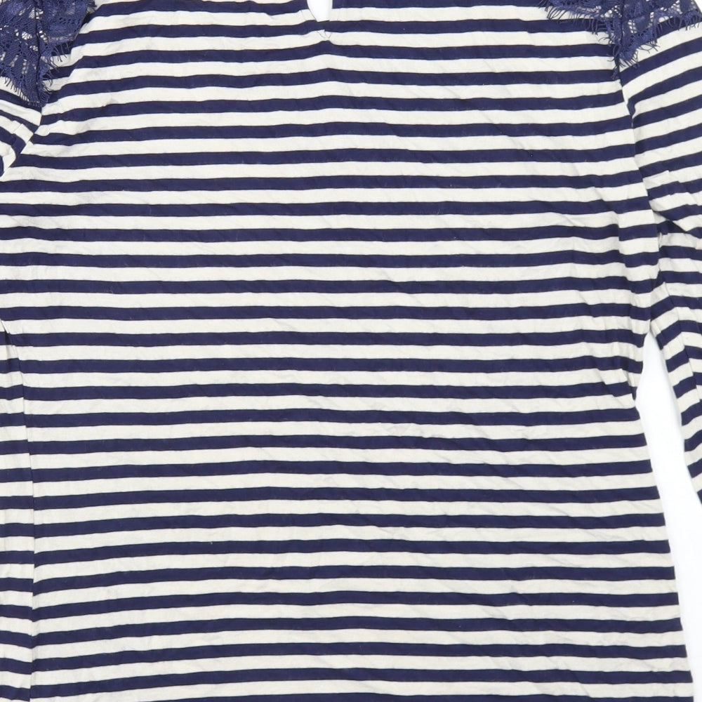 Oasis Womens Blue Striped Polyester Basic T-Shirt Size M Round Neck - Lace Trim