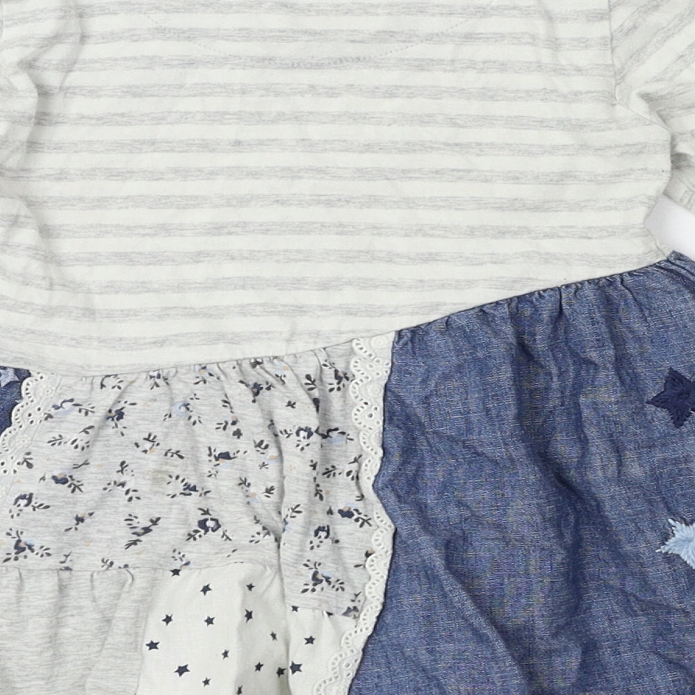 NEXT Girls Grey Patchwork Cotton Skater Dress Size 2-3 Years Round Neck Pullover