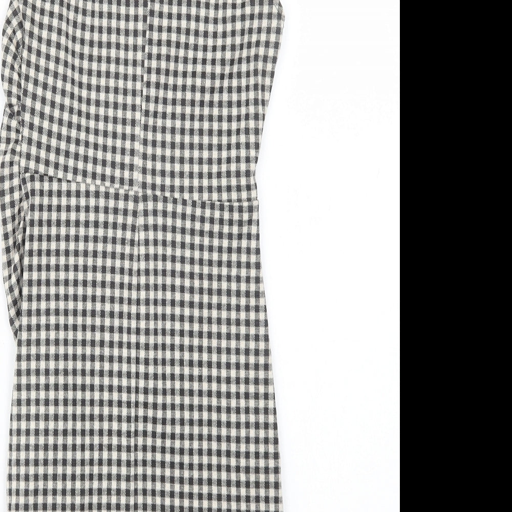 Zara Womens Grey Check Polyester Bodycon Size S Crew Neck Button