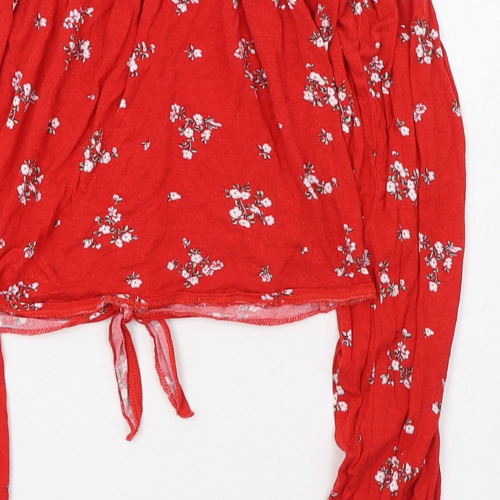 H&M Womens Red Floral Viscose Cropped T-Shirt Size 8 Off the Shoulder