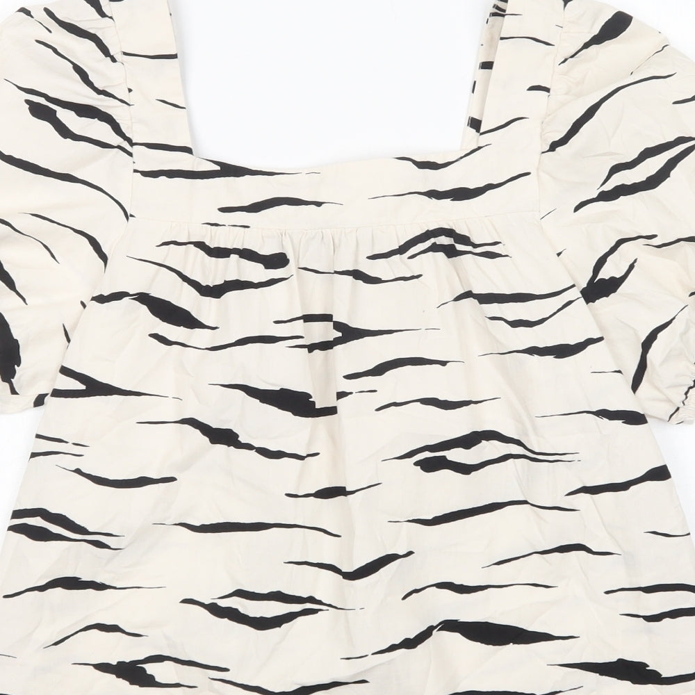 New Look Womens Ivory Animal Print Cotton Basic Blouse Size 10 Square Neck