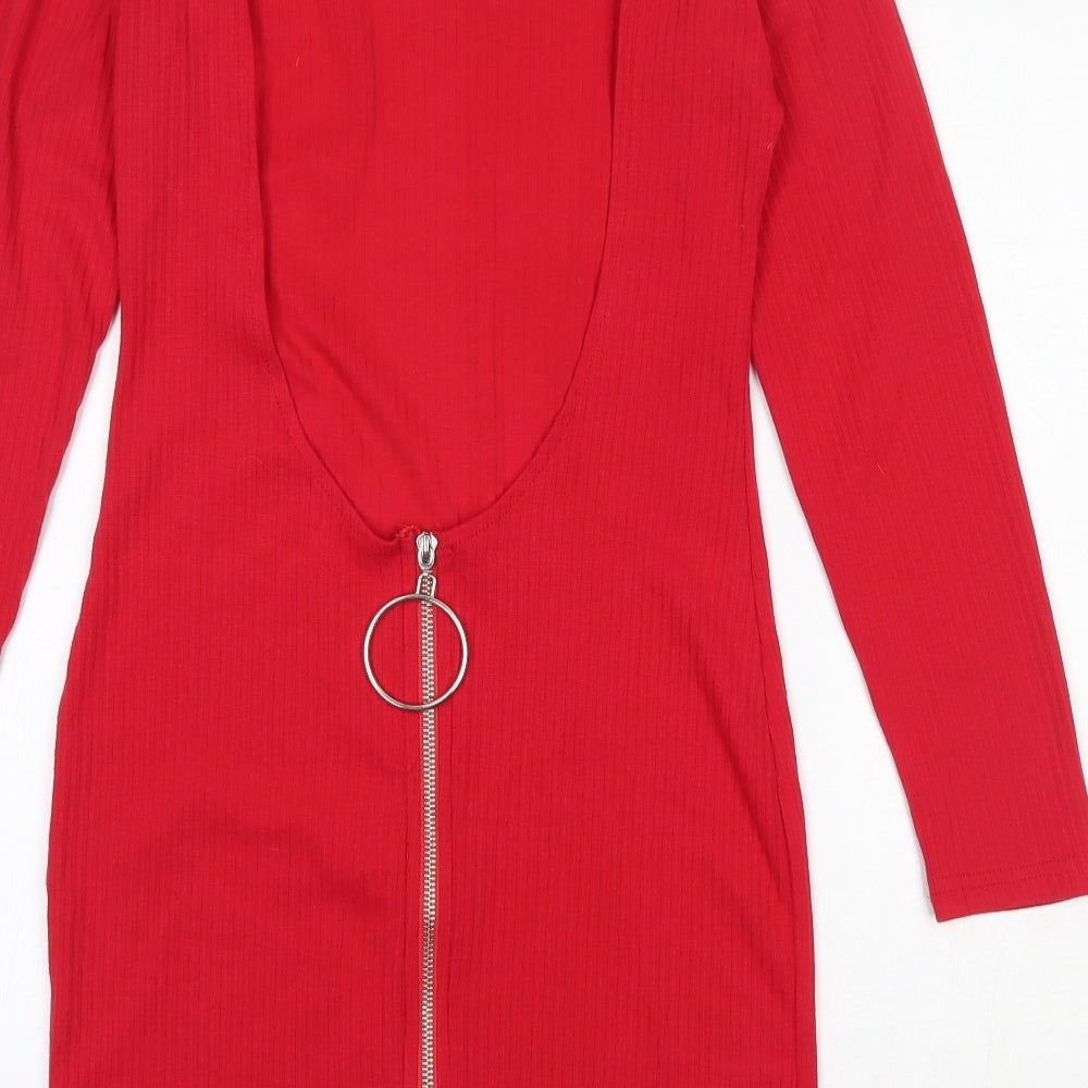 Missguided Womens Red Cotton Skater Dress Size 10 Round Neck Zip