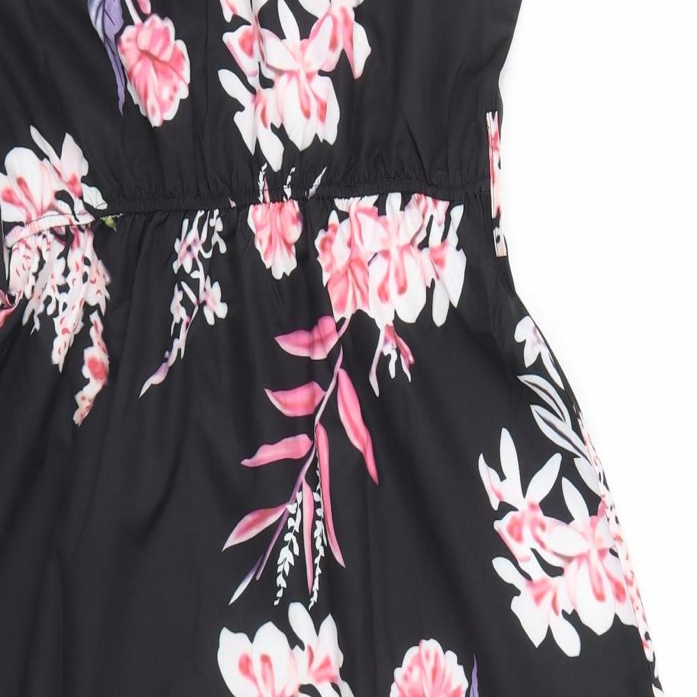 Sheilay Womens Black Floral Polyester Fit & Flare Size S Round Neck