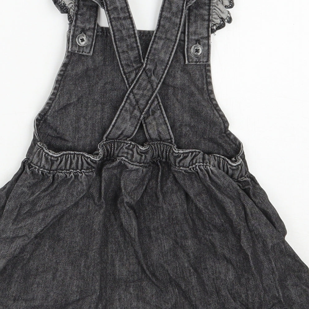 F&F Girls Black 100% Cotton Pinafore/Dungaree Dress Size 9-12 Months Square Neck Button