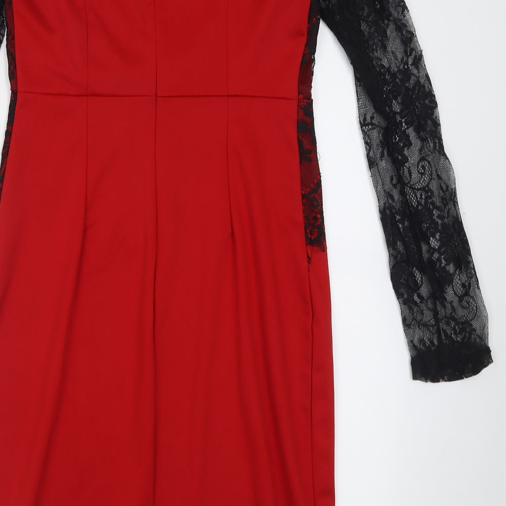 Preworn Womens Red Cotton Bodycon Size L Off the Shoulder Zip - Lace Detail