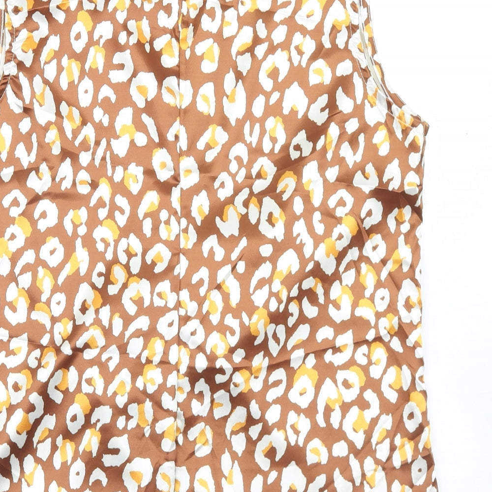 Lookagain Womens Brown Animal Print Polyester Basic Blouse Size 14 Round Neck