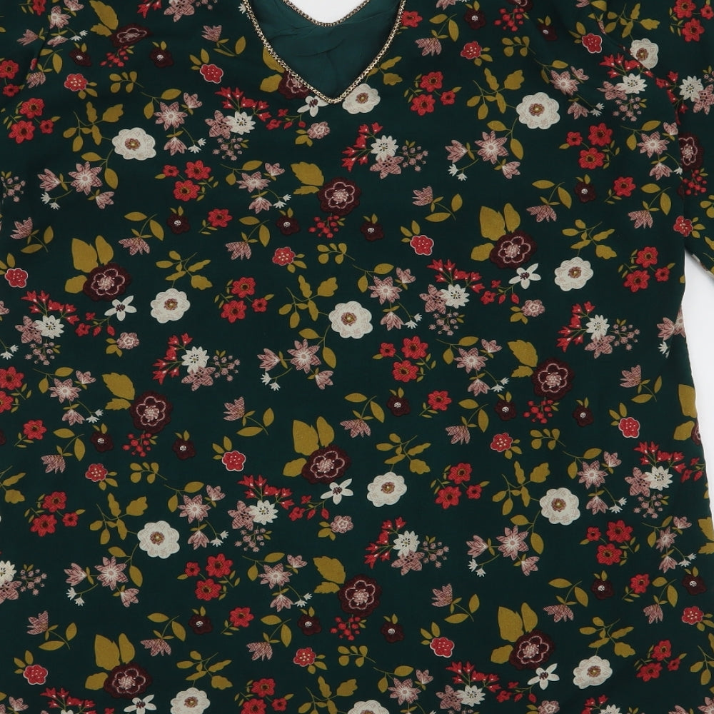 Lili & Lola Womens Green Floral Polyester A-Line Size L V-Neck Pullover
