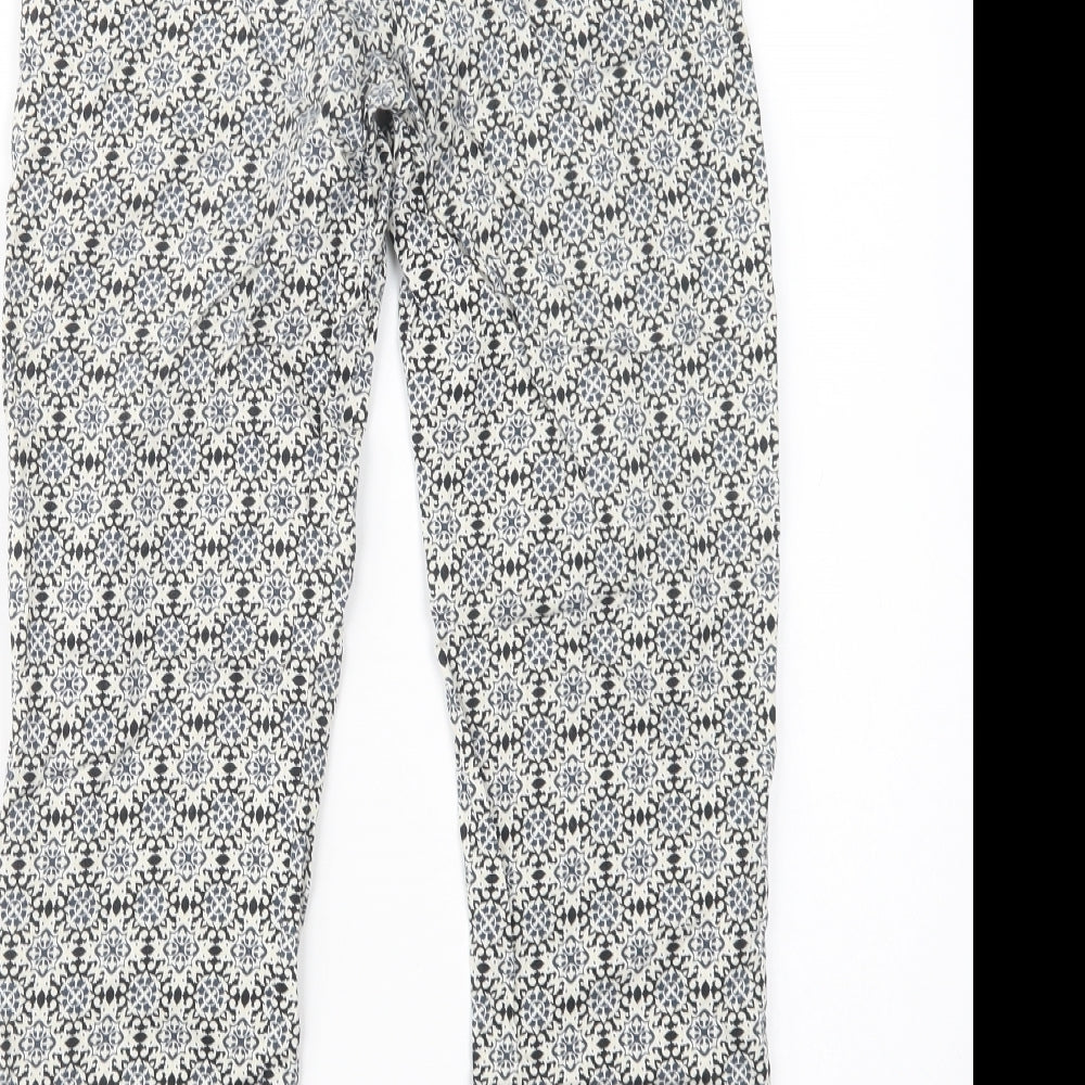 H&M Womens Blue Geometric Cotton Trousers Size 6 L26 in Regular Button