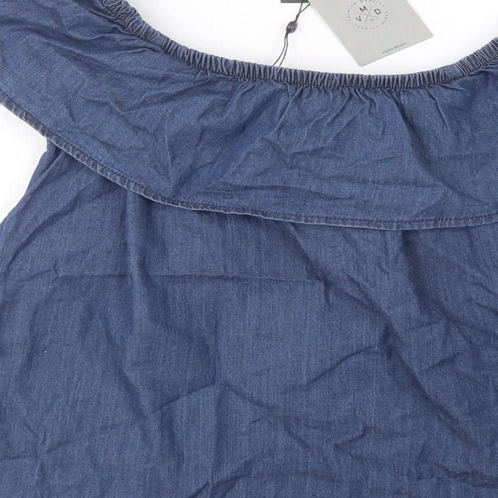 VERO MODA Womens Blue Cotton Basic Blouse Size M Off the Shoulder