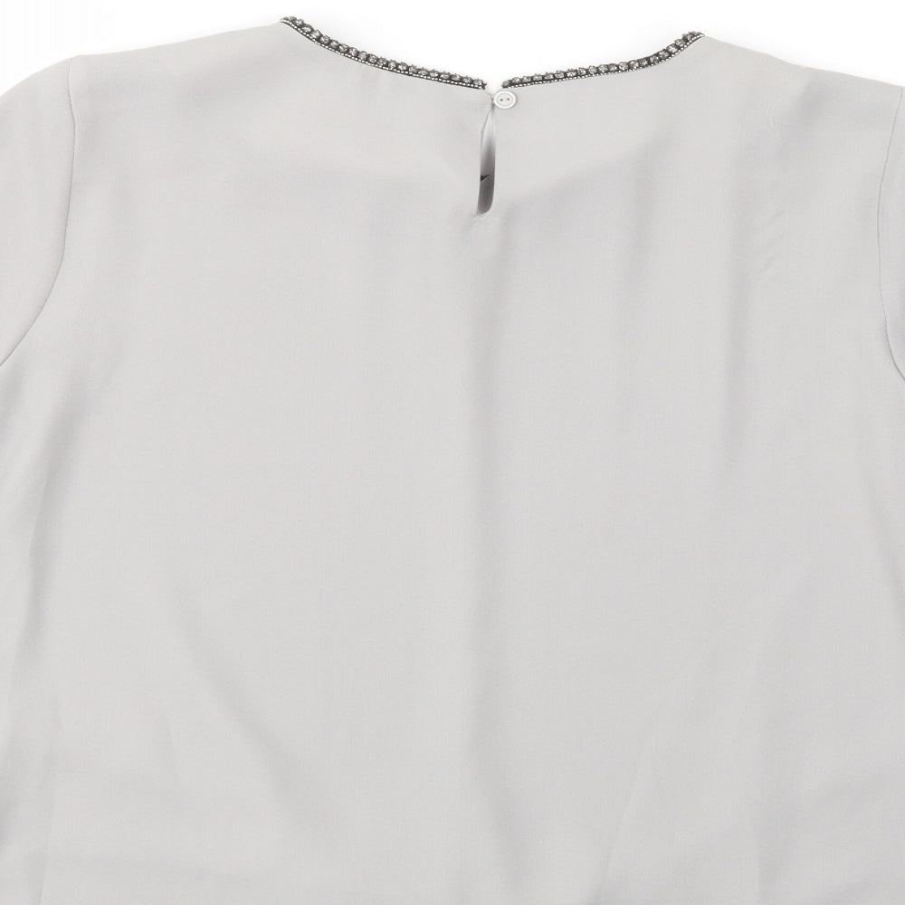 Gallery Womens Grey Polyester Basic Blouse Size 10 Crew Neck - Embellished Neckline