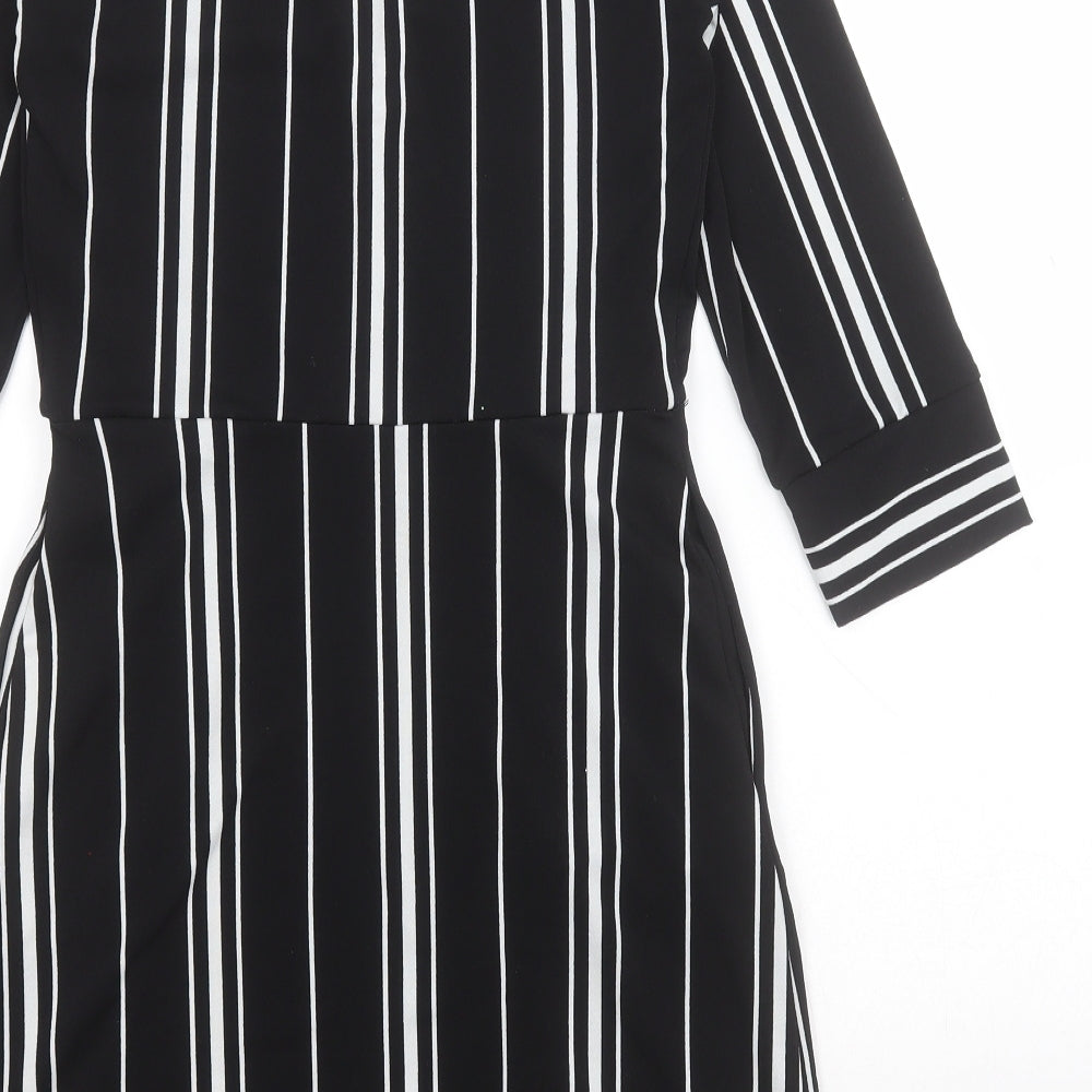 H&M Womens Black Striped Polyester A-Line Size XS V-Neck