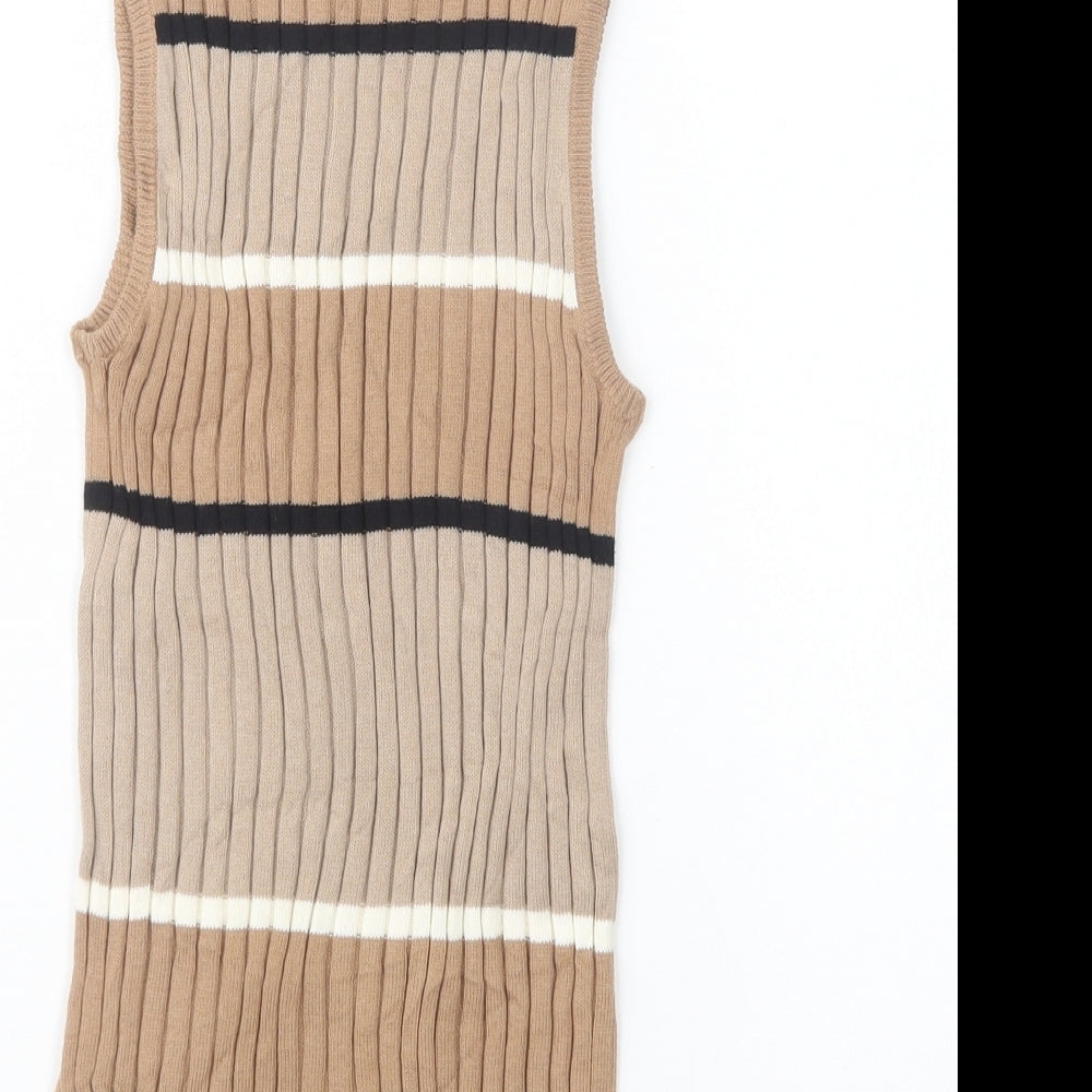 Select Womens Beige High Neck Striped Cotton Pullover Jumper Size 6