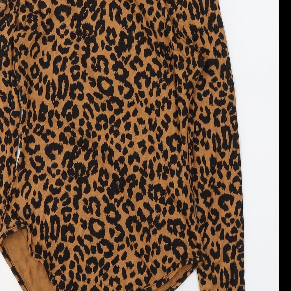 PRETTYLITTLETHING Womens Orange Animal Print Viscose Bodysuit One-Piece Size 6 Button