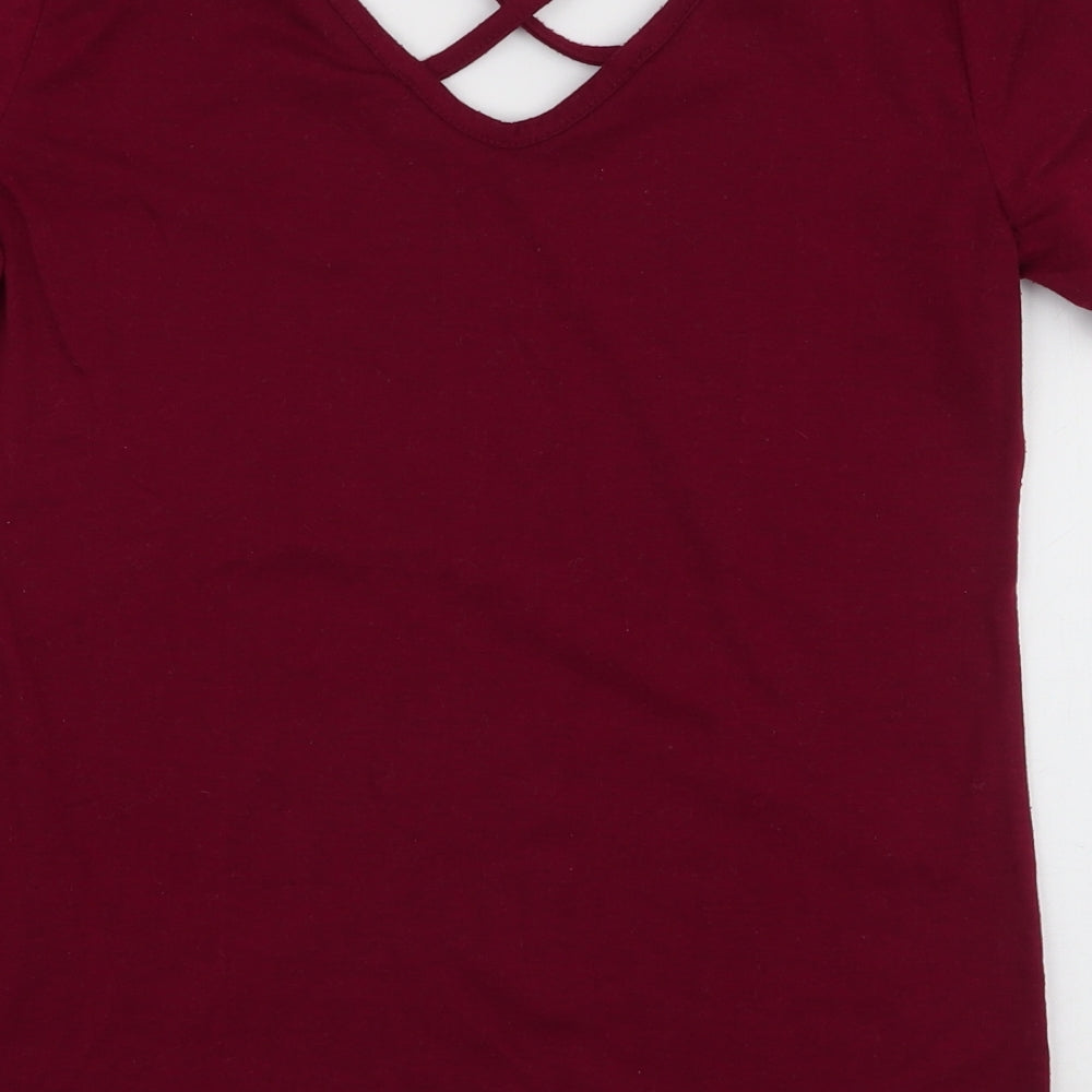 Preworn Womens Red Polyester Jersey T-Shirt Size S V-Neck