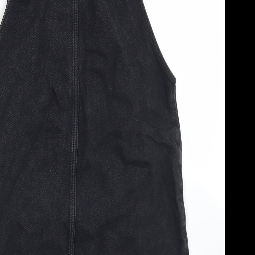 New Look Womens Black Cotton Pinafore/Dungaree Dress Size 6 Square Neck Button