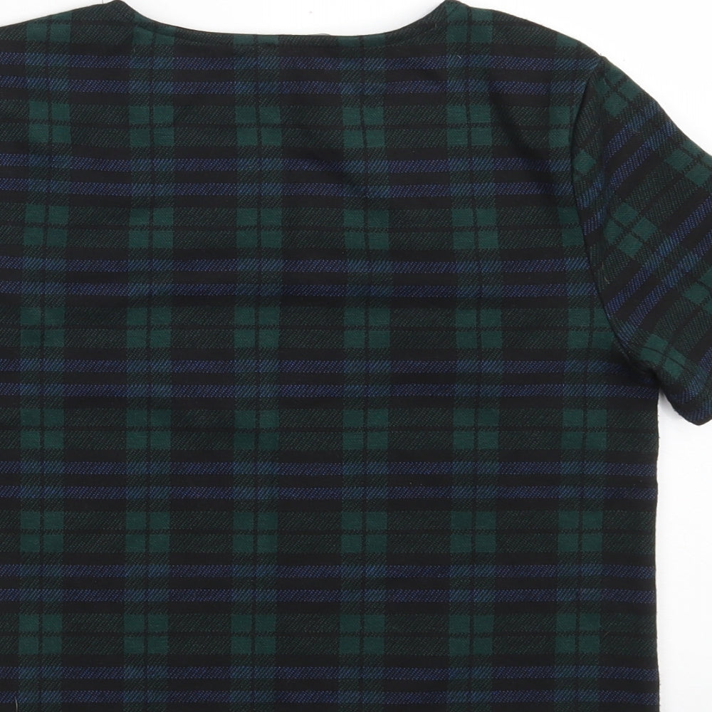 New Look Womens Green Plaid Polyester Cropped T-Shirt Size 10 Crew Neck