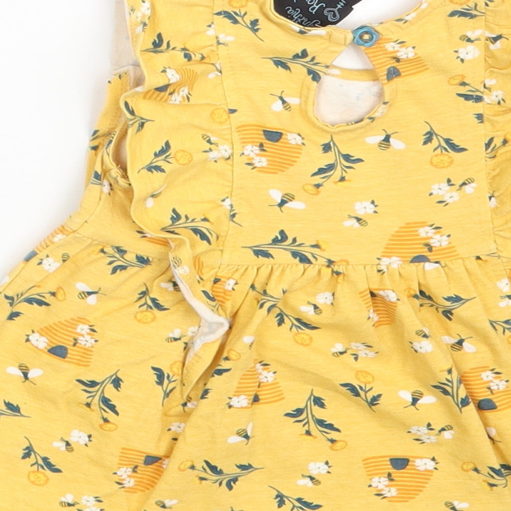 Cynthia Rowley Girls Yellow Floral Cotton T-Shirt Dress Size 12 Months Round Neck Button