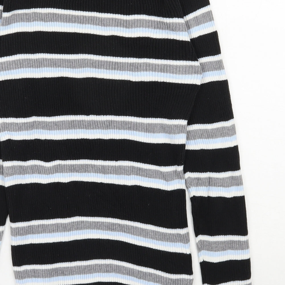 Preworn Womens Black Round Neck Striped Cotton Pullover Jumper Size 8