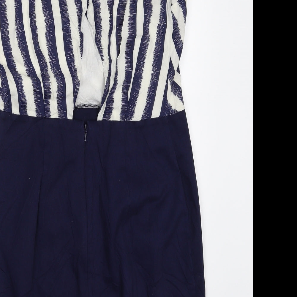 Warehouse Womens Blue Striped Viscose Shift Size 10 V-Neck Zip