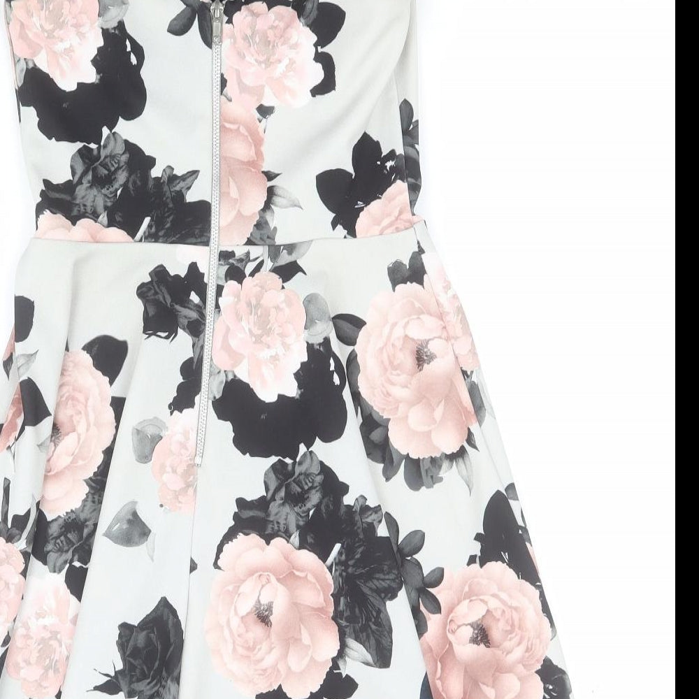 New Look Womens Grey Floral Polyester A-Line Size 8 Sweetheart Zip