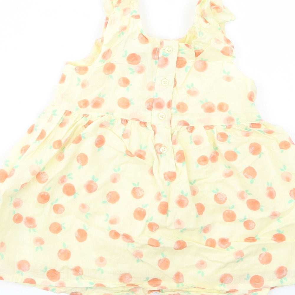 Primark Baby Yellow Geometric Cotton Tank Dress Size 9-12 Months Scoop Neck Button - Peach Print