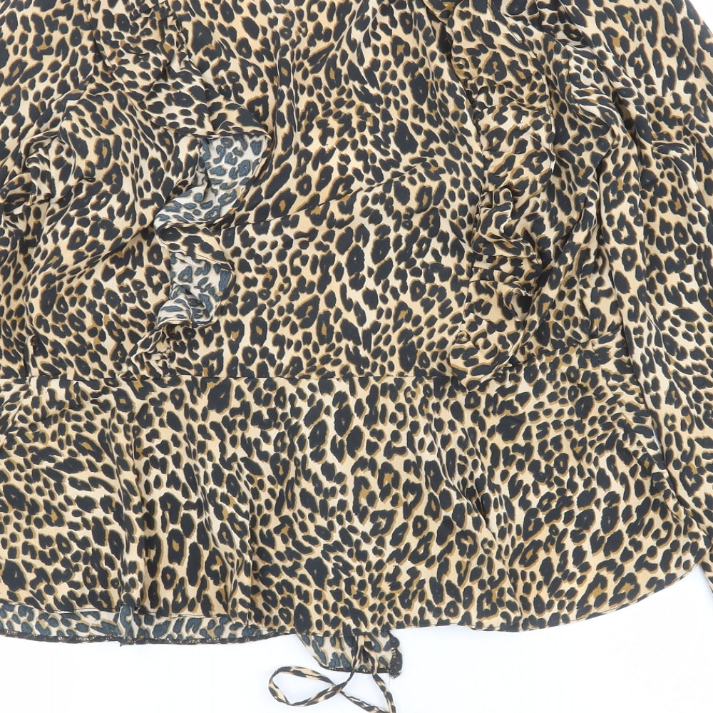 Friends like these Womens Brown Animal Print Polyester Basic Blouse Size 12 V-Neck