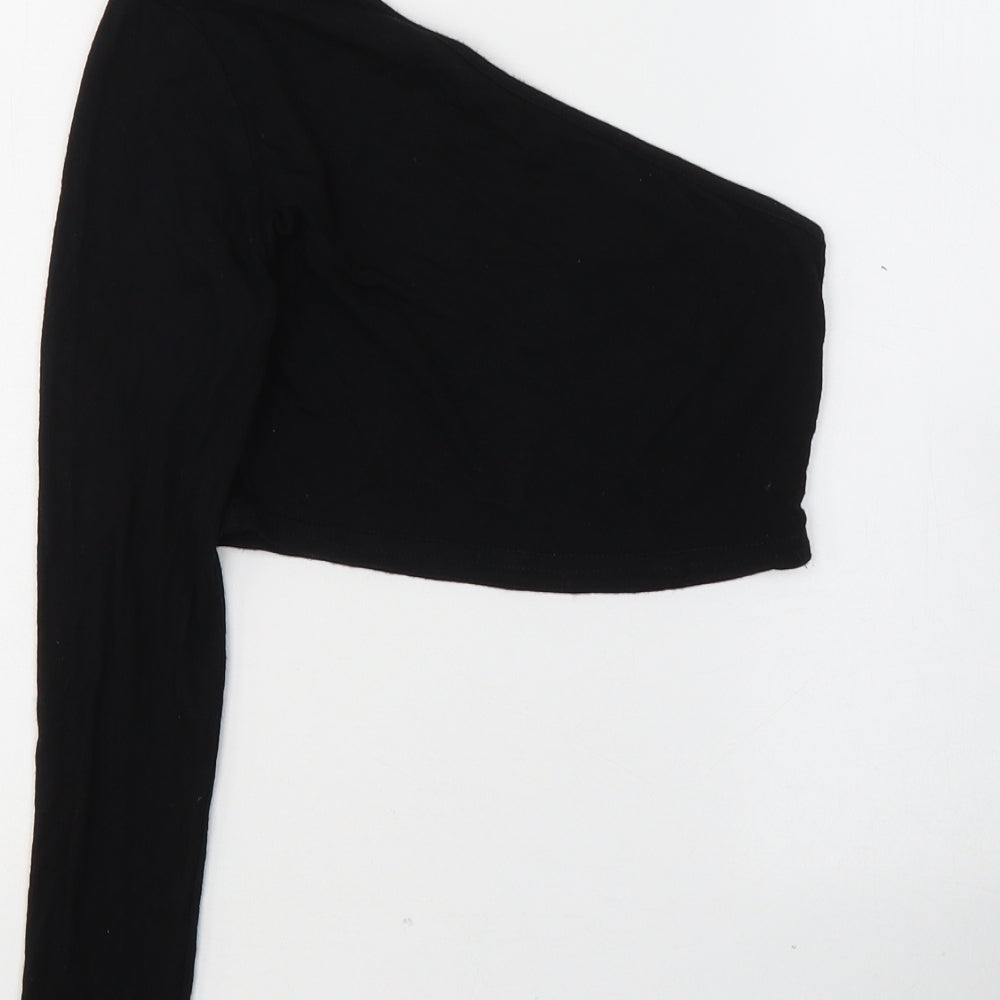 PRETTYLITTLETHING Womens Black Viscose Cropped Blouse Size 6 One Shoulder