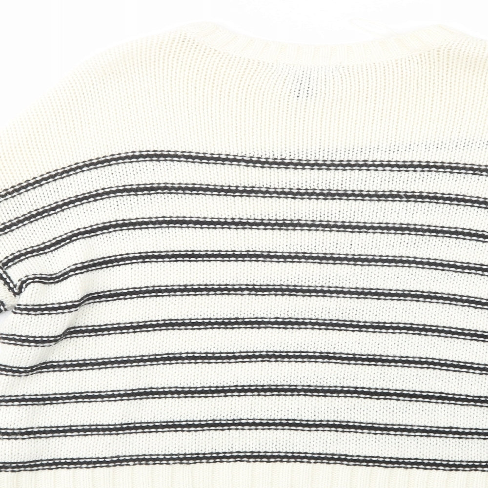 New Look Womens White Crew Neck Striped Acrylic Pullover Jumper Size S