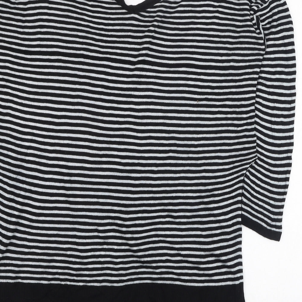 Preworn Womens Black V-Neck Striped Polyester Pullover Jumper Size 12