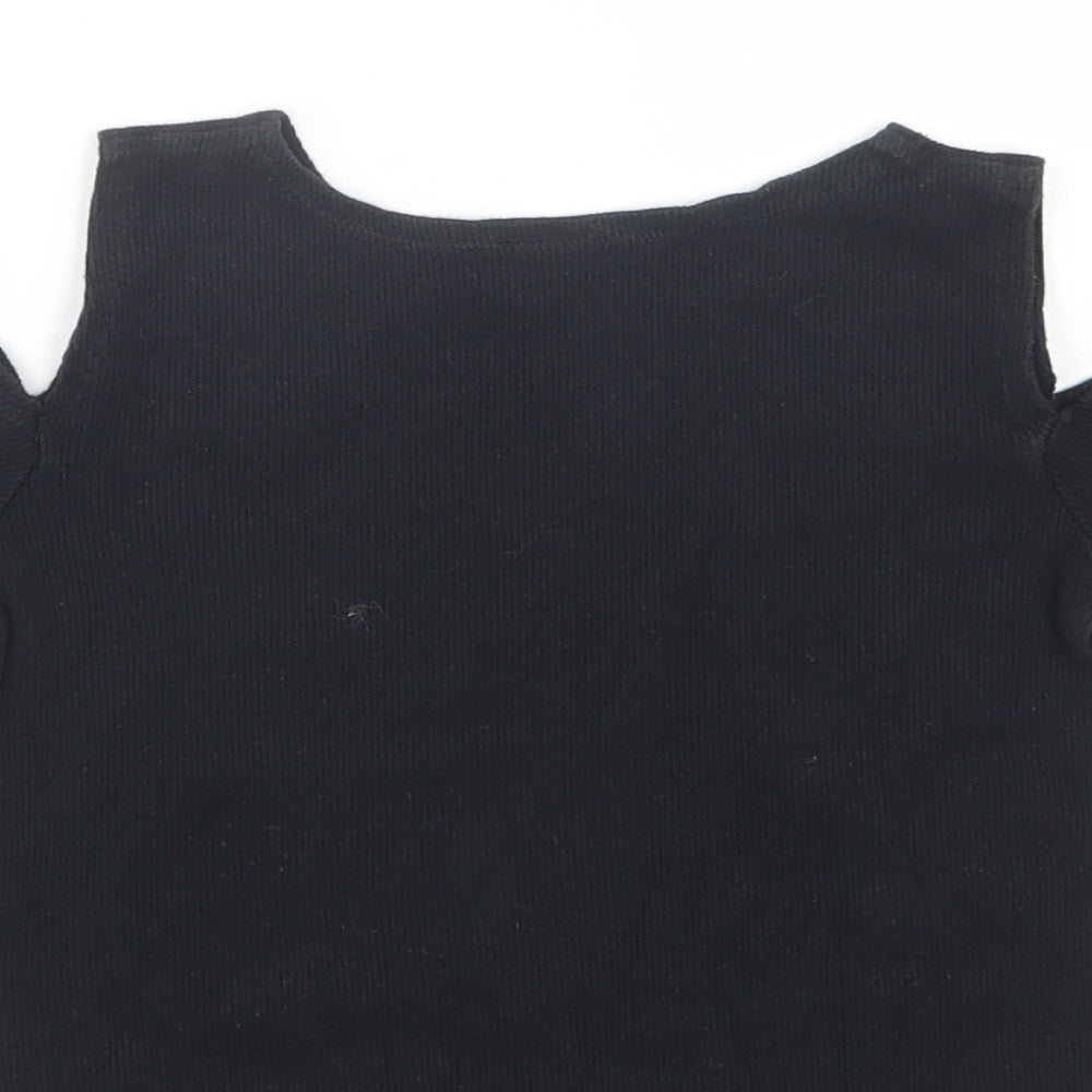F&F Girls Black Cotton Cropped T-Shirt Size 6-7 Years Crew Neck Pullover - Cold Shoulder