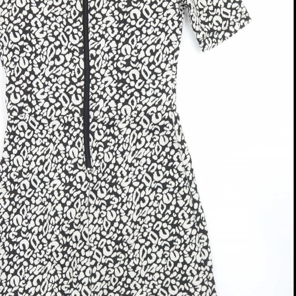 H&M Womens Black Animal Print Polyester Skater Dress Size 8 Round Neck Zip