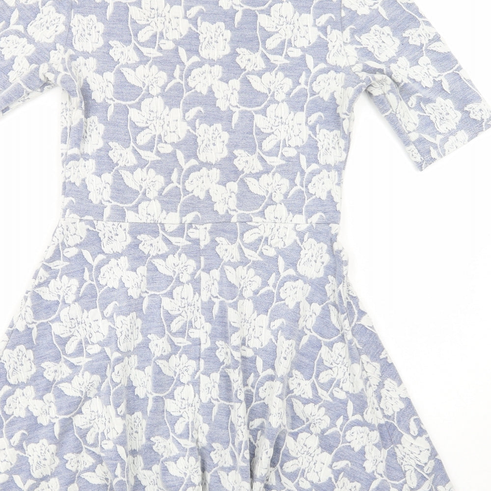 Topshop Womens Blue Floral Polyester Skater Dress Size 8 Scoop Neck Pullover