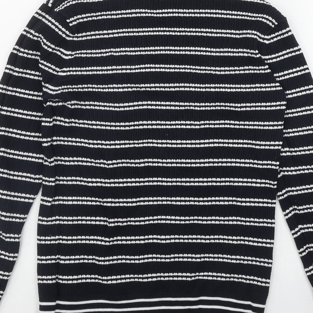 Savida Womens Blue Mock Neck Striped Cotton Pullover Jumper Size L