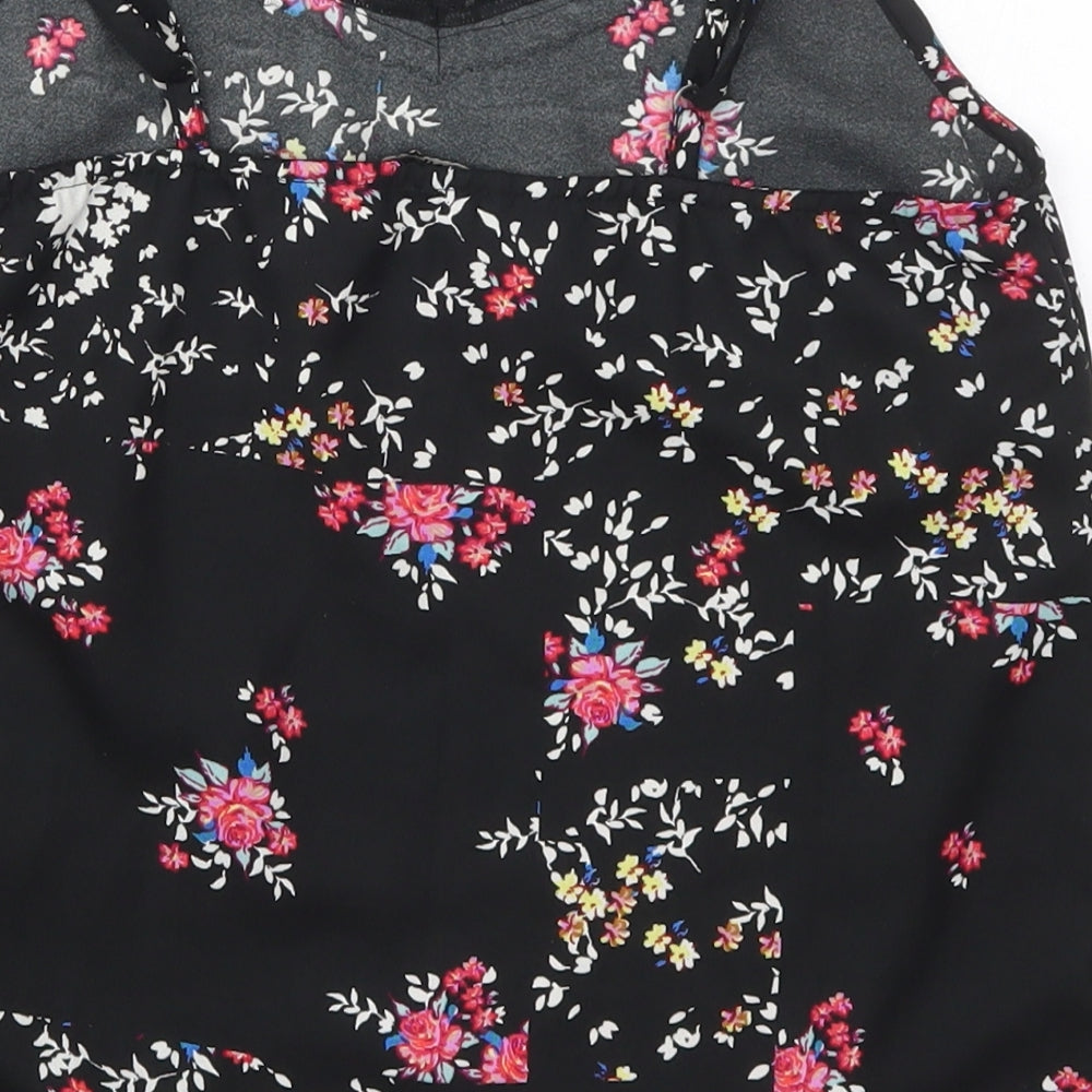 Only Womens Black Floral Polyester Basic Tank Size 6 V-Neck