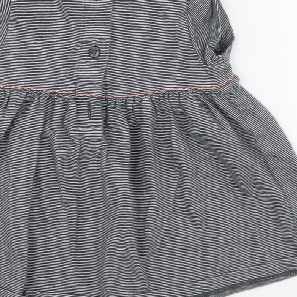 NEXT Girls Grey Striped 100% Cotton Skater Dress Size 0-3 Months Round Neck Button