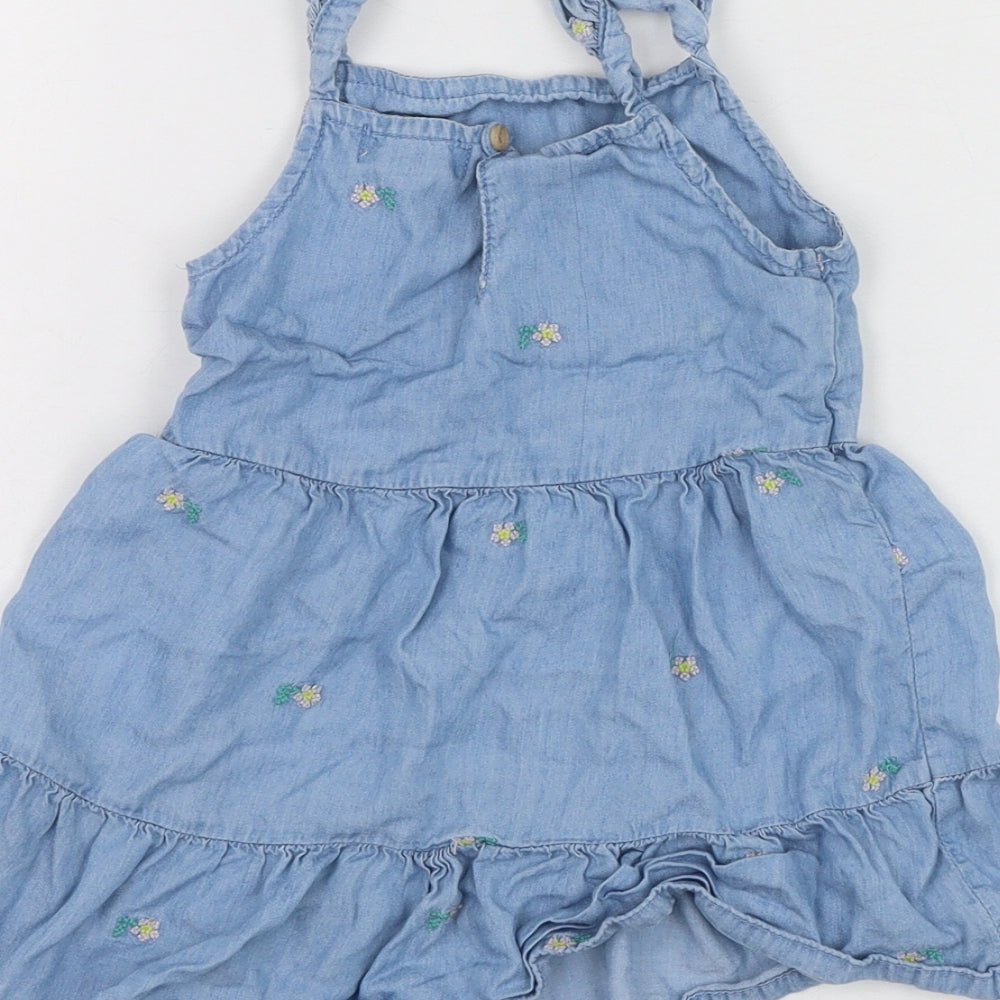 Primark Girls Blue Lyocell Skater Dress Size 24 Months Square Neck Pullover - Flower