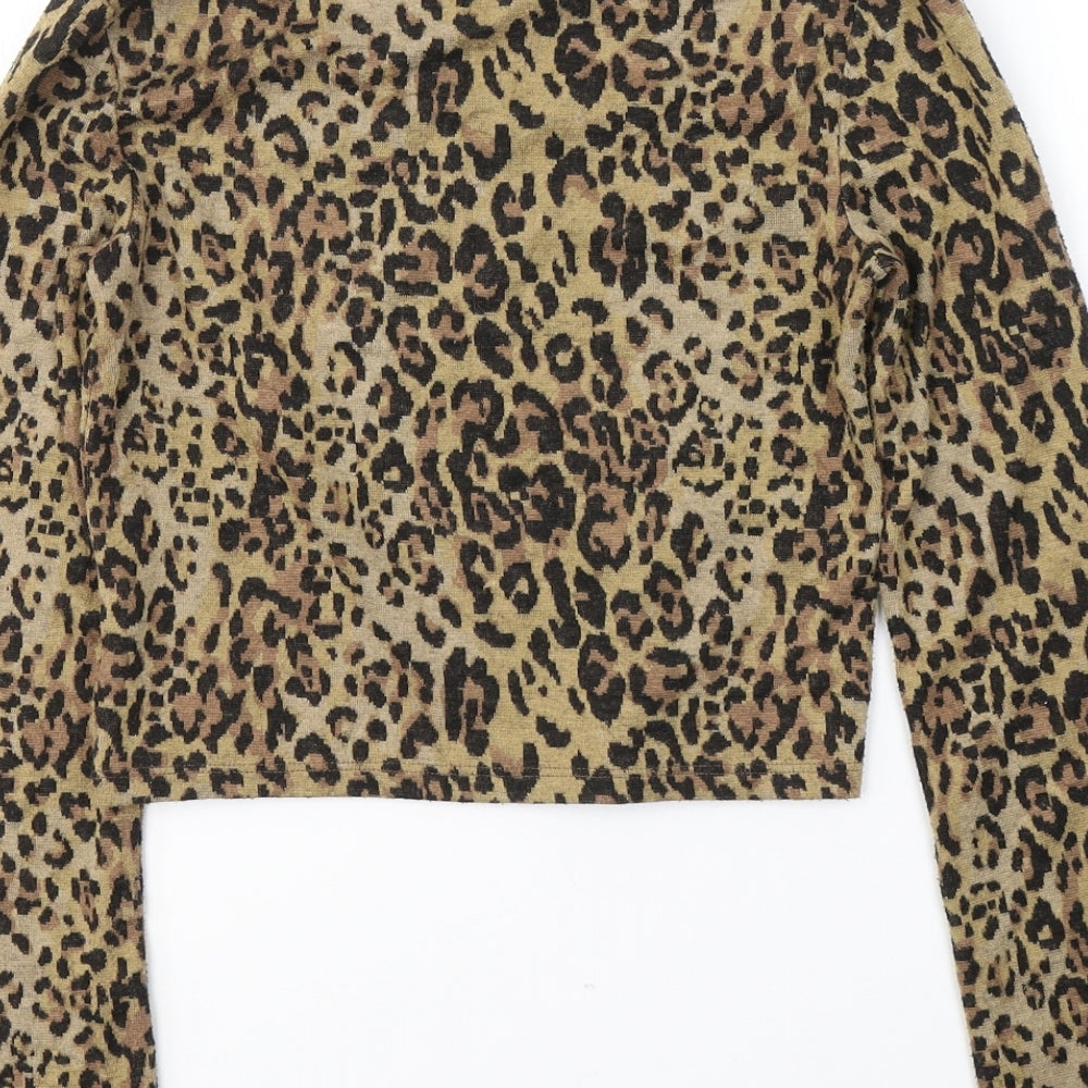 Zara Womens Beige Animal Print Cotton Cropped Blouse Size S Round Neck