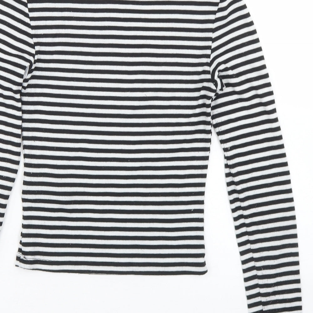 Divided Womens Black Striped Polyester Cropped T-Shirt Size XS Mock Neck