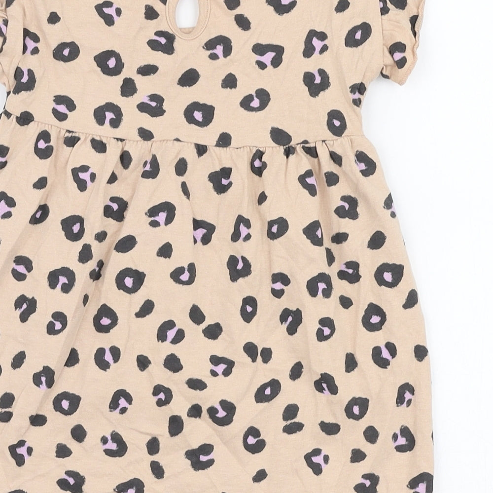 George Girls Beige Animal Print 100% Cotton Skater Dress Size 9-12 Months Round Neck Pullover