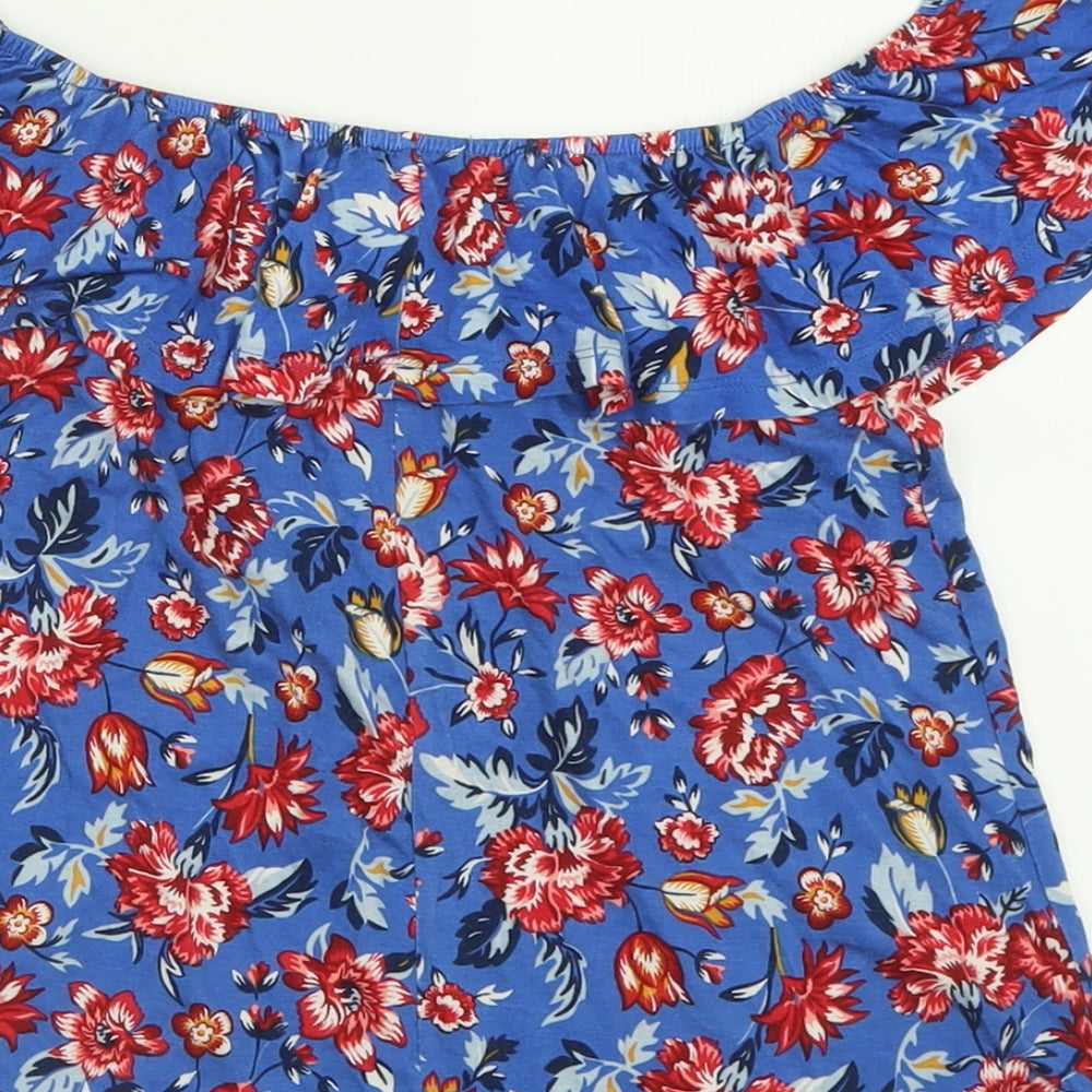 Springfield Womens Blue Floral Viscose Basic T-Shirt Size XS Off the Shoulder