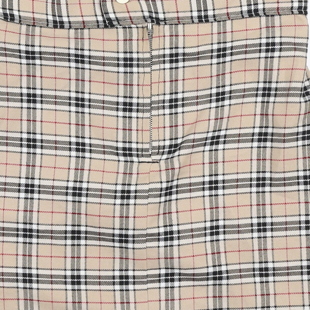 Preworn Womens Beige Plaid Polyester A-Line Skirt Size 28 in Zip